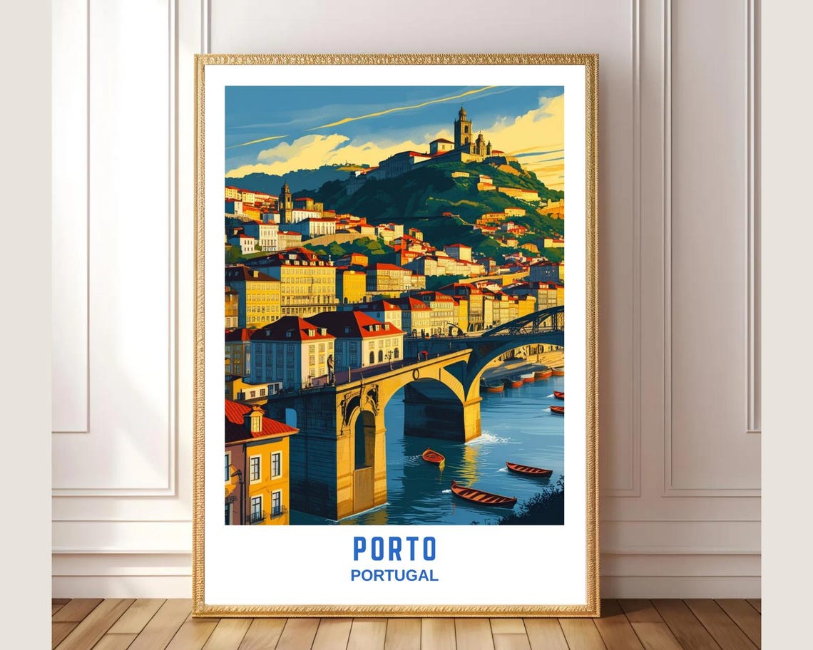 Porto Portugal River Bridge Riverside Old City Sunset Travel Poster