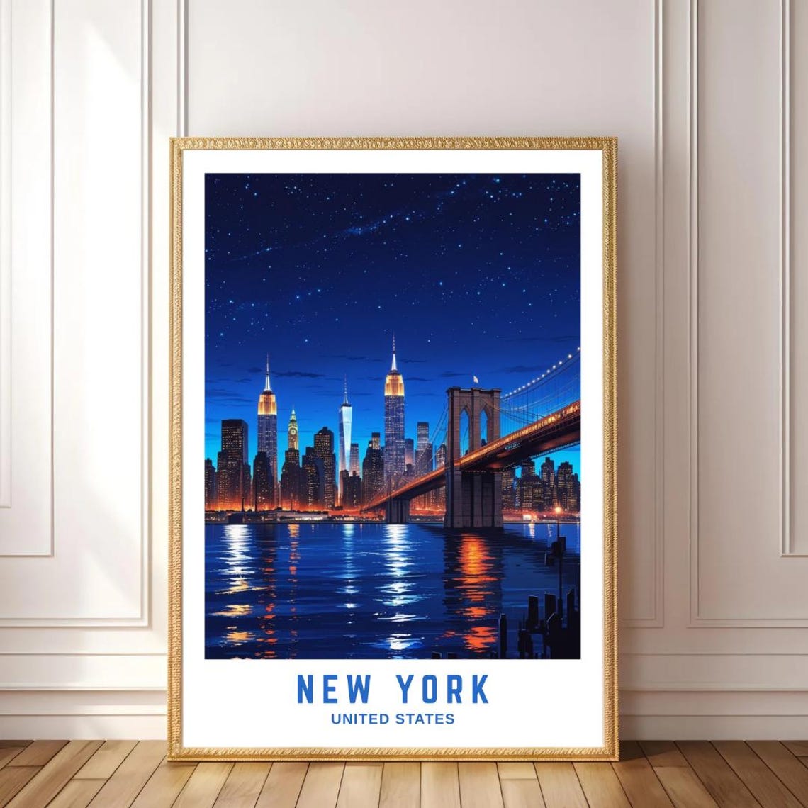 New York City Night Skyline With Brooklyn Bridge Starry Lights Poster