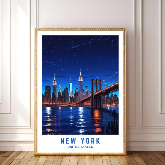 New York City Night Skyline With Brooklyn Bridge Starry Lights Poster