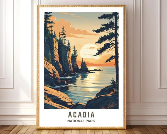 Acadia National Park Wall Art Sunset Coastal Landscape Poster Maine Travel Print Nature Illustration Usa Vintage Style Decor