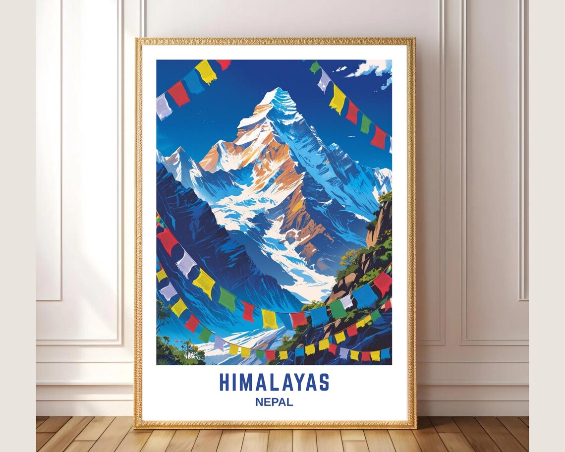 Himalayas Nepal Snowy Peak Prayer Flags Colorful Mountain Travel Poster