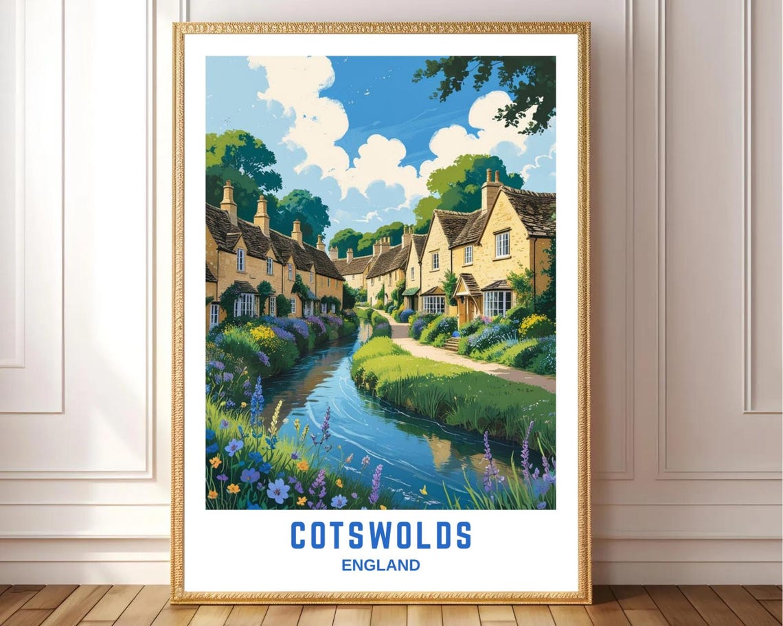Cotswolds England Stone Cottages Stream Flowers Village Travel Poster