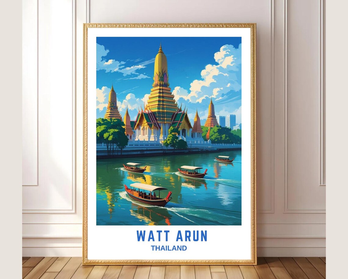 Watt Arun Thailand Travel Poster Golden Temple River Boats Color Art