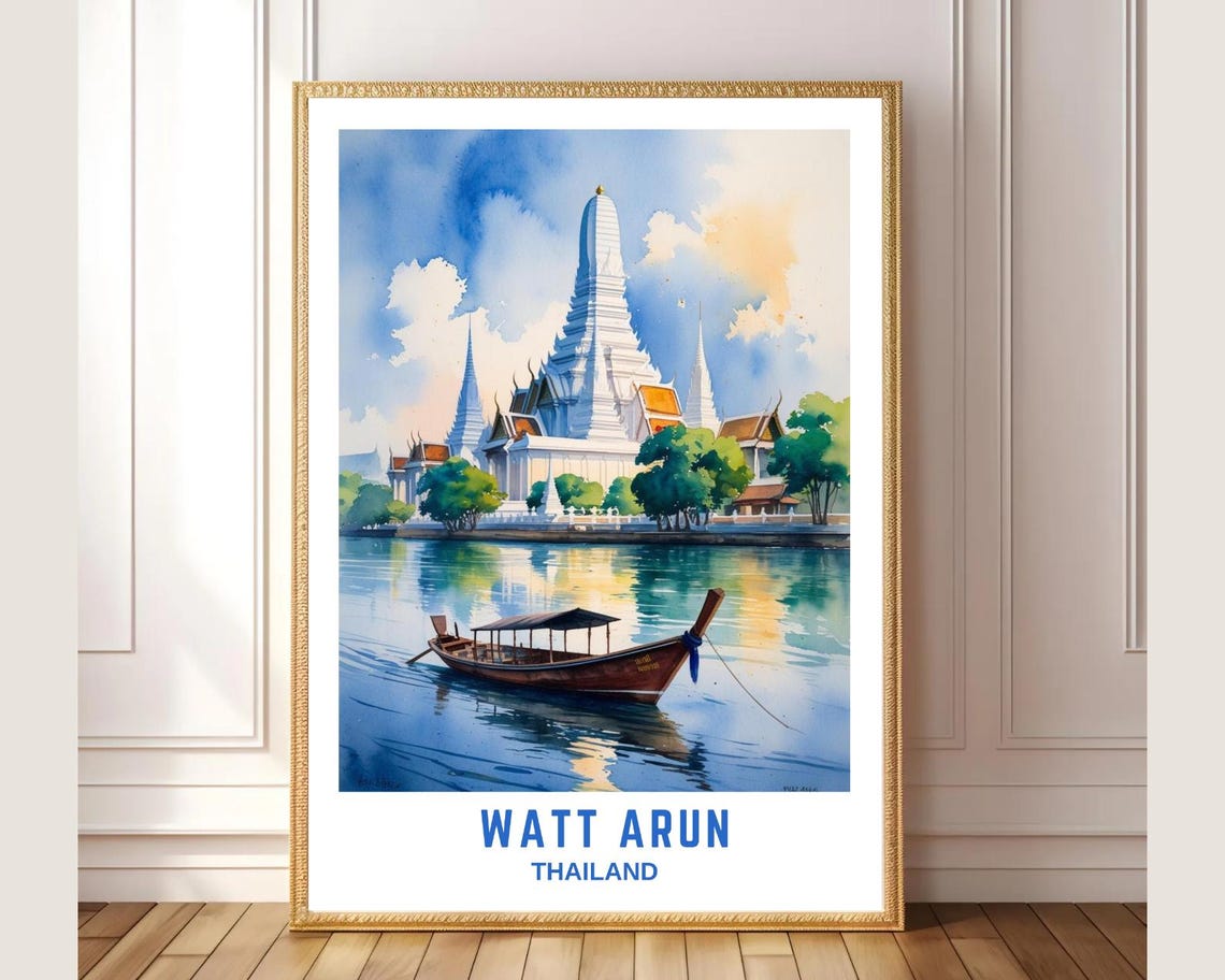 Watt Arun Bangkok Watercolor Poster White Temple River Boat Painting