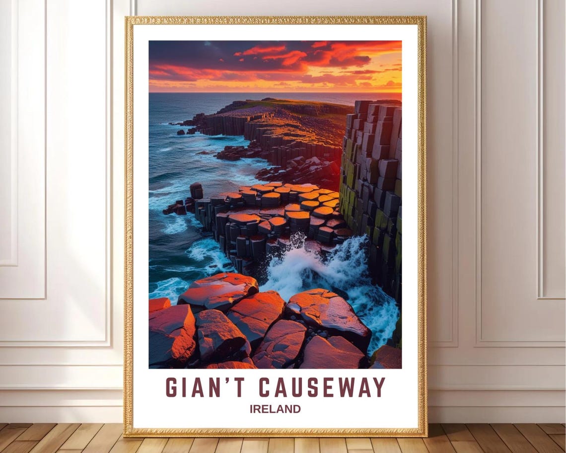 Giants Causeway Ireland Basalt Columns Sunset Coast Travel Poster
