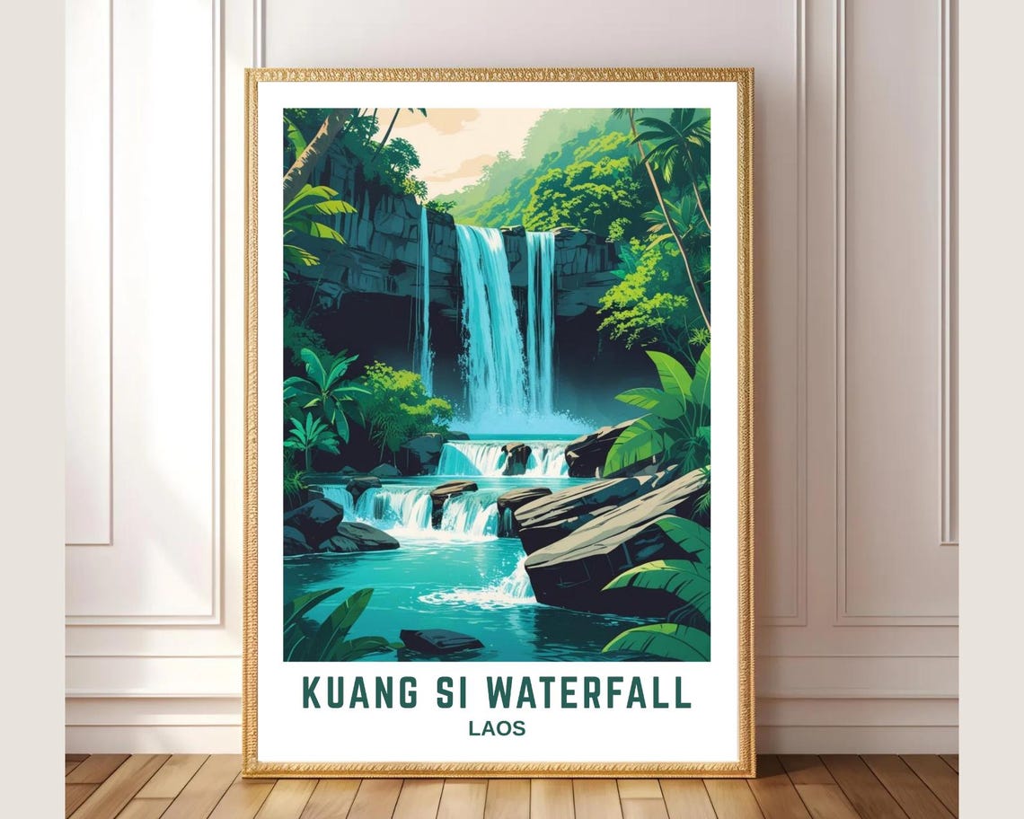 Kuang Si Waterfall Laos Travel Poster Tropical Jungle Cascades
