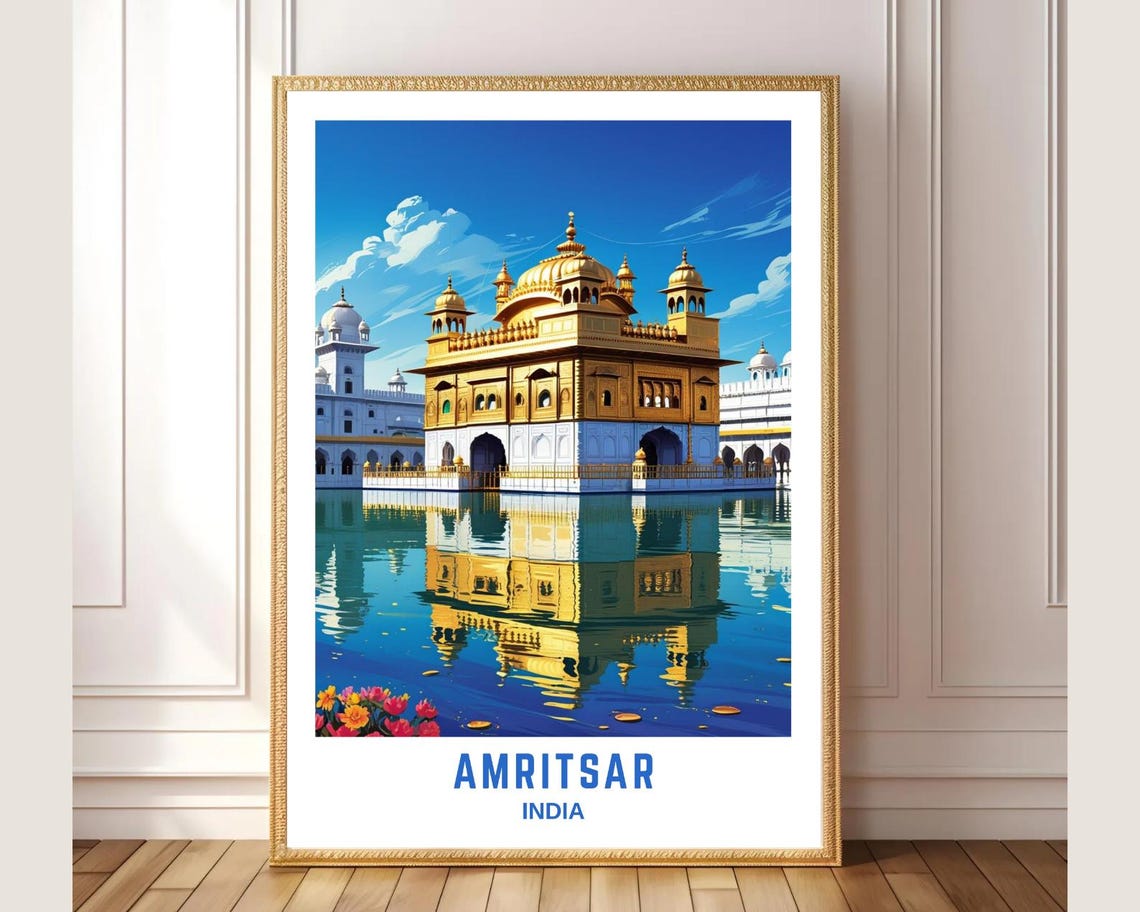 Amritsar India Travel Poster Golden Temple Water Reflection Art