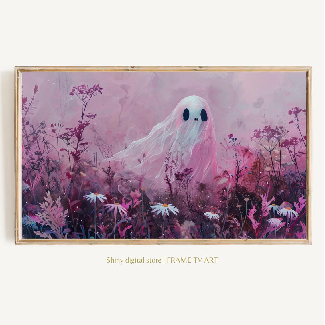 Ghost In Pink Wildflower Field Daisies Dreamy Halloween Art Poster