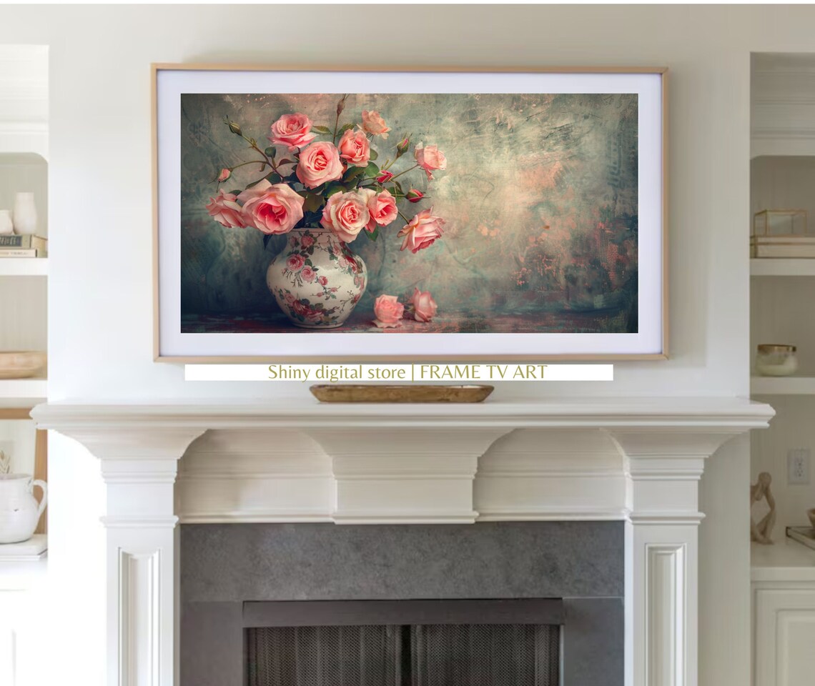Pink Roses Floral Porcelain Vase Vintage Romantic Rose Bouquet Poster - Image 2