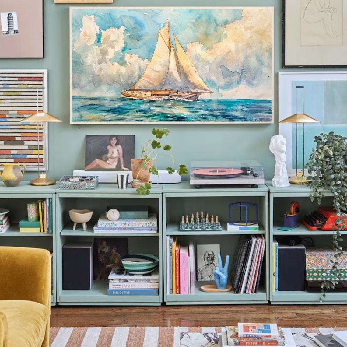 Watercolor Sailboat Turquoise Sea Pastel Clouds Coastal Art Poster - Image 2