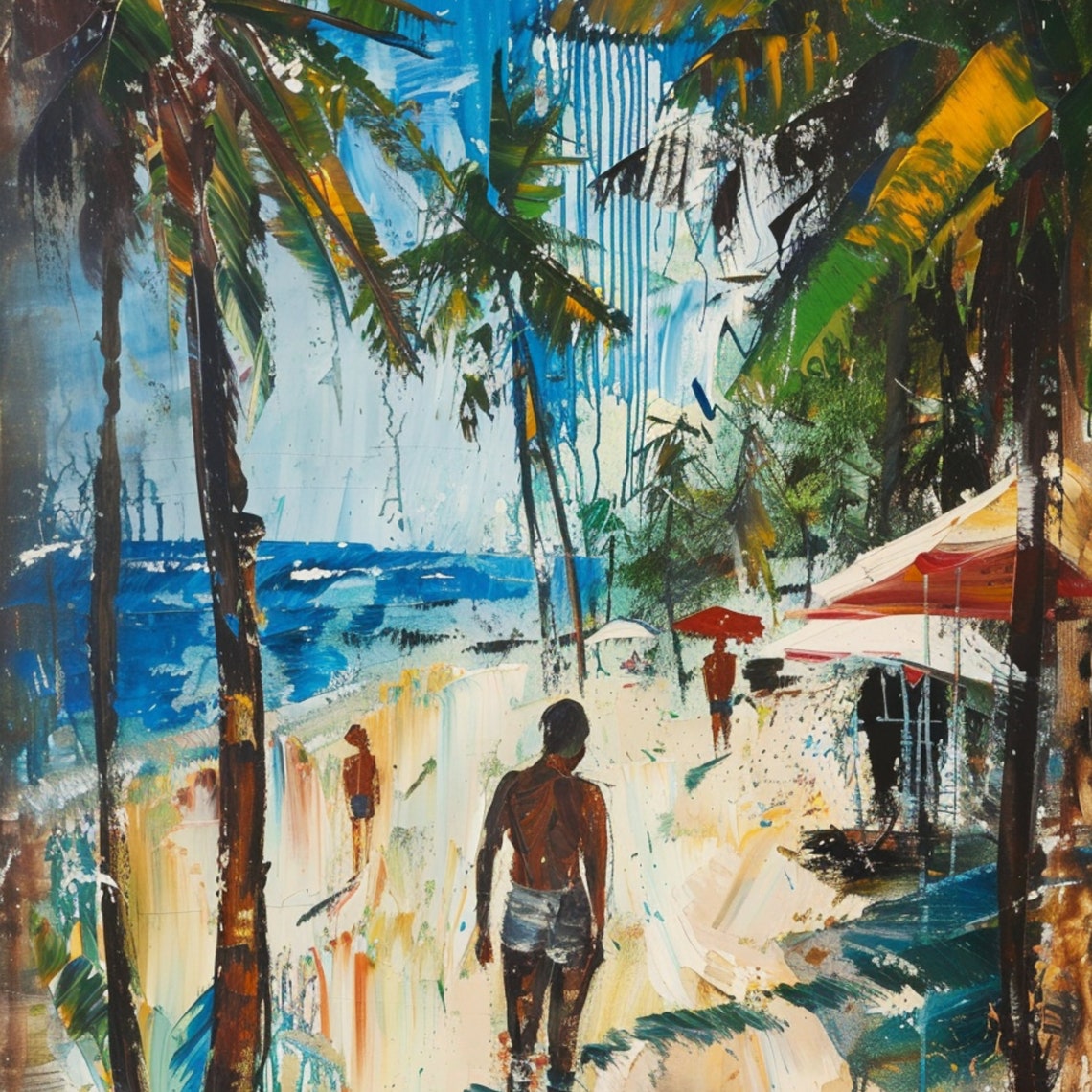 Tropical Palm Beach Figures Sunny Shore Coastal Oil Art Poster - Image 3
