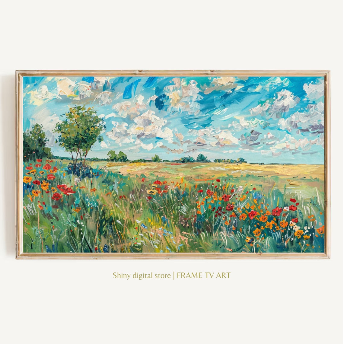 Poppy Wildflower Meadow Green Tree Cloudy Blue Sky Landscape Poster