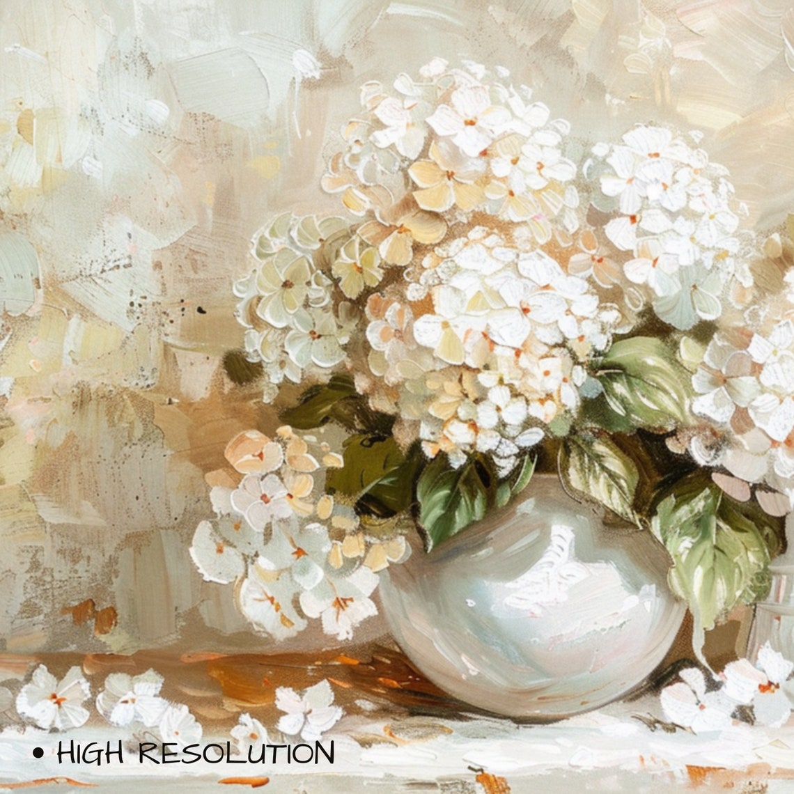 White Hydrangeas In Vases Soft Neutral Floral Oil Painting Poster - Image 3