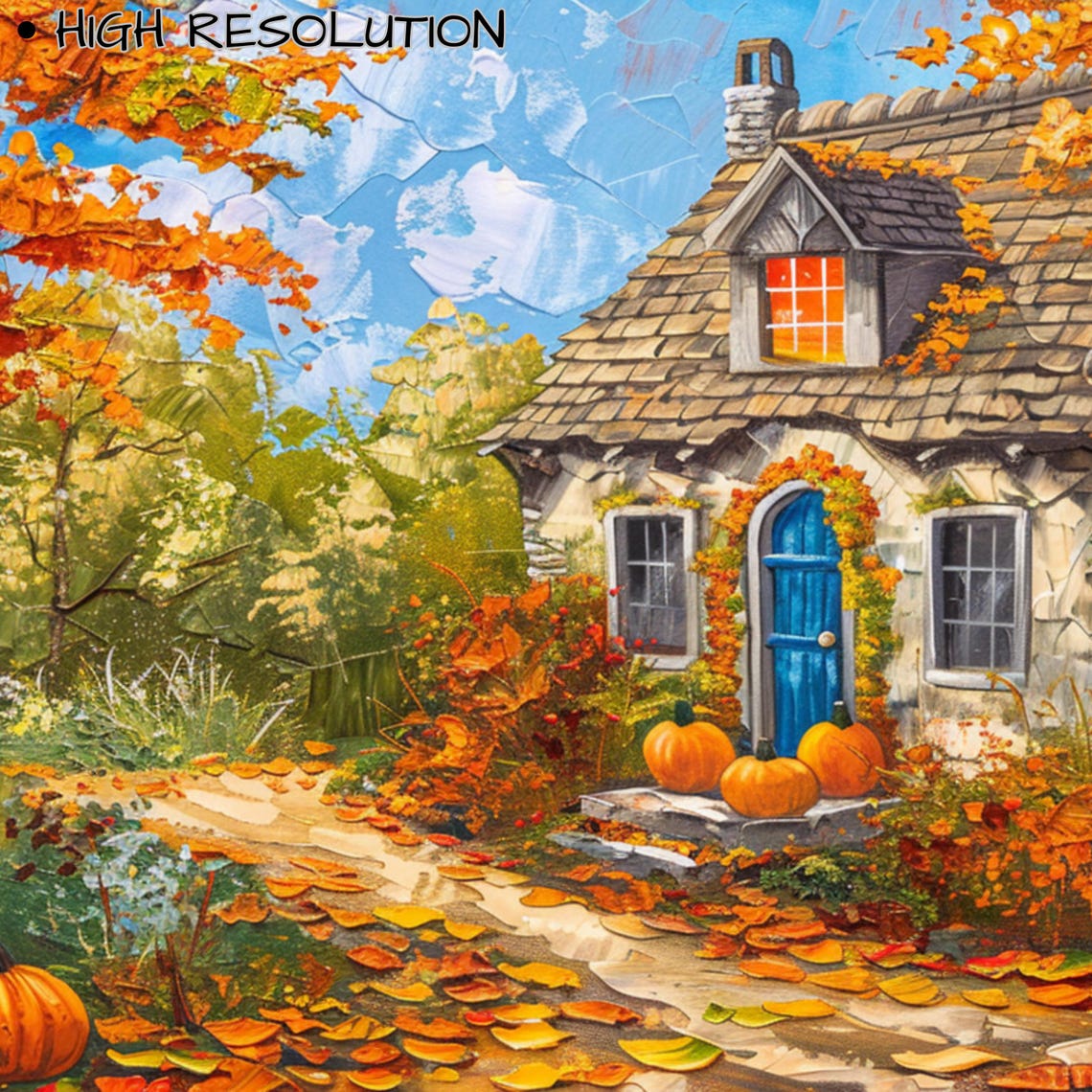 Autumn Stone Cottage Blue Door Pumpkins Golden Leaves Art Poster - Image 3