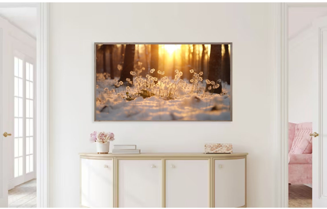 Sunlit Snow Forest Frosted Wildflowers Golden Winter Art Poster - Image 2