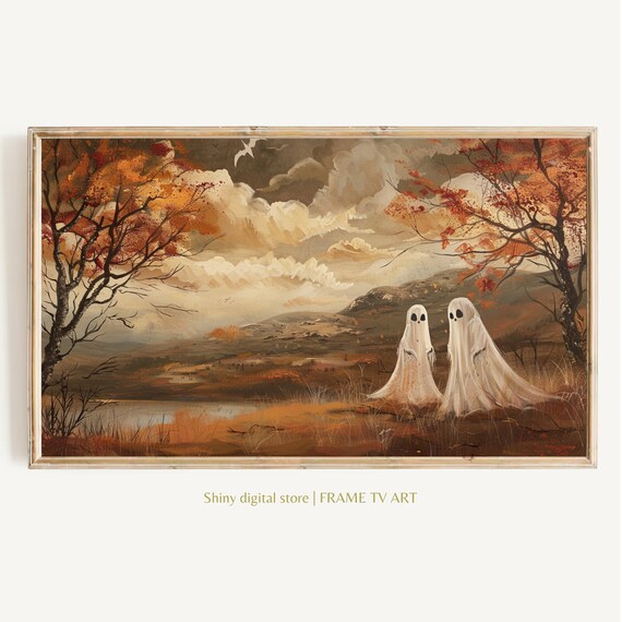 Two Ghosts Autumn Landscape Fall Foliage Vintage Halloween Art Poster