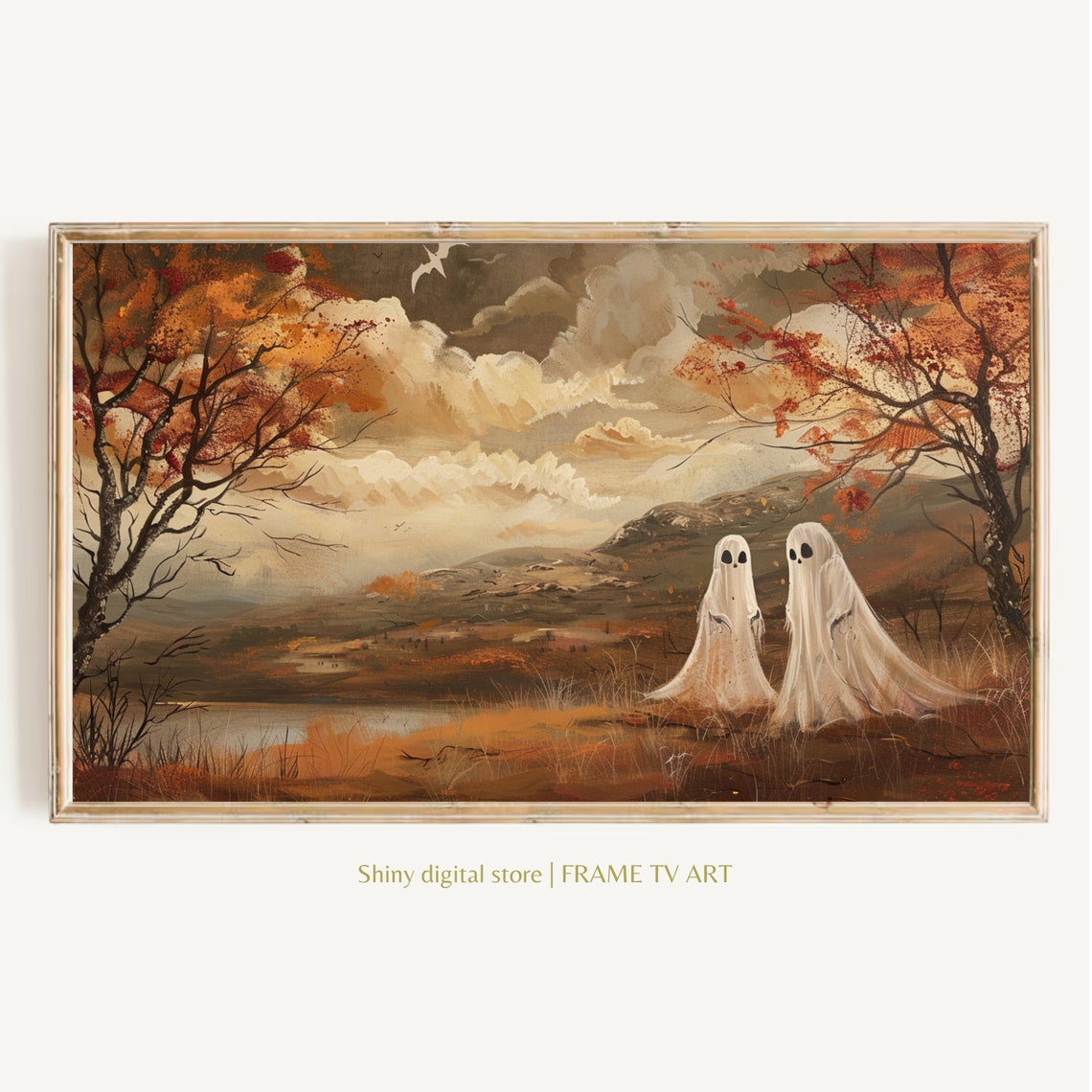 Two Ghosts Autumn Landscape Fall Foliage Vintage Halloween Art Poster