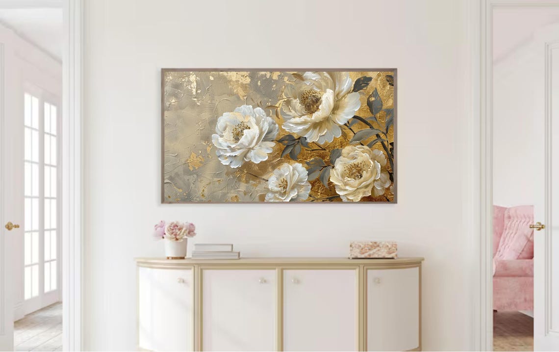 White Peonies with Gold Leaf Neutral Floral Oil Painting Wall Art - Image 2
