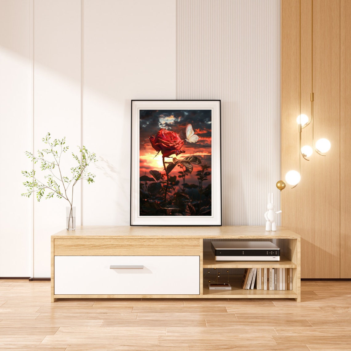 Red Rose And Butterfly Fiery Sunset Sky Romantic Floral Art Poster - Image 2
