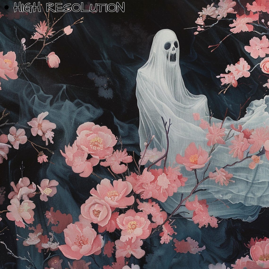 Ghost Among Pink Blossoms Dark Moody Halloween Floral Art Poster - Image 3