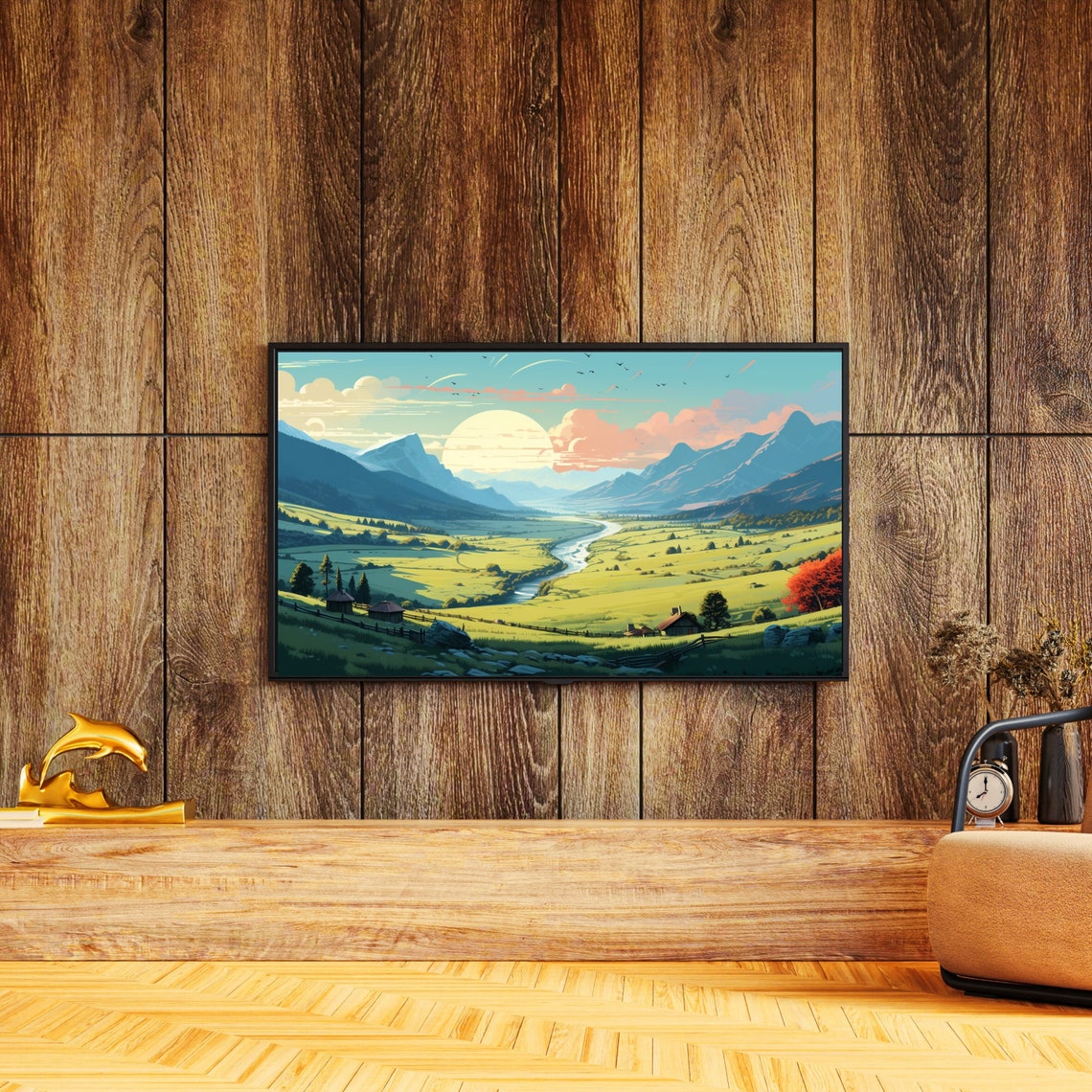 Sunrise River Valley Green Meadow Cabins Mountain Illustration Poster - Image 3