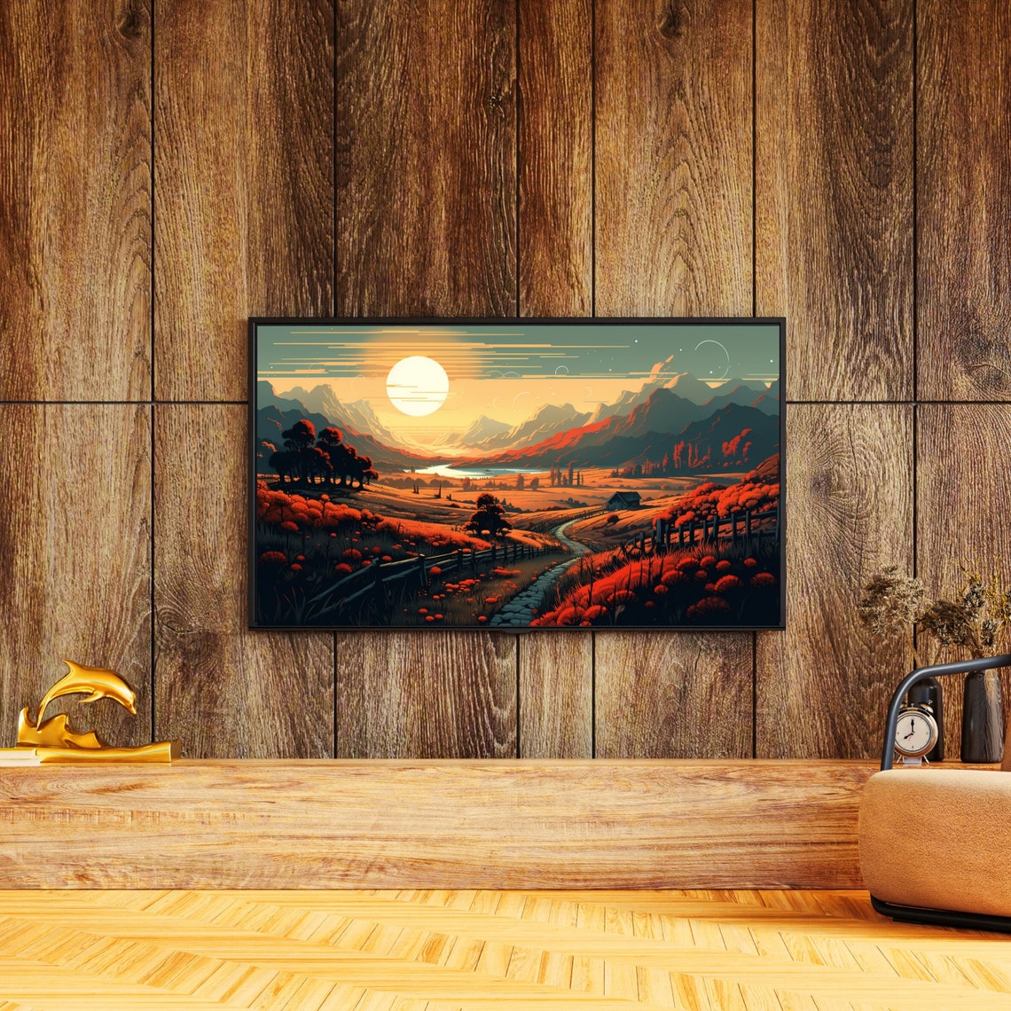 Sunset Mountain Valley Golden Stone Path Country Illustration Poster - Image 3