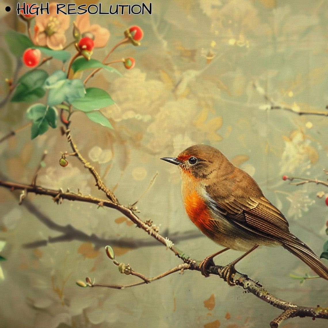 Vintage Songbird On Blossom Branch Pink Flowers Red Berries Art Print - Image 3