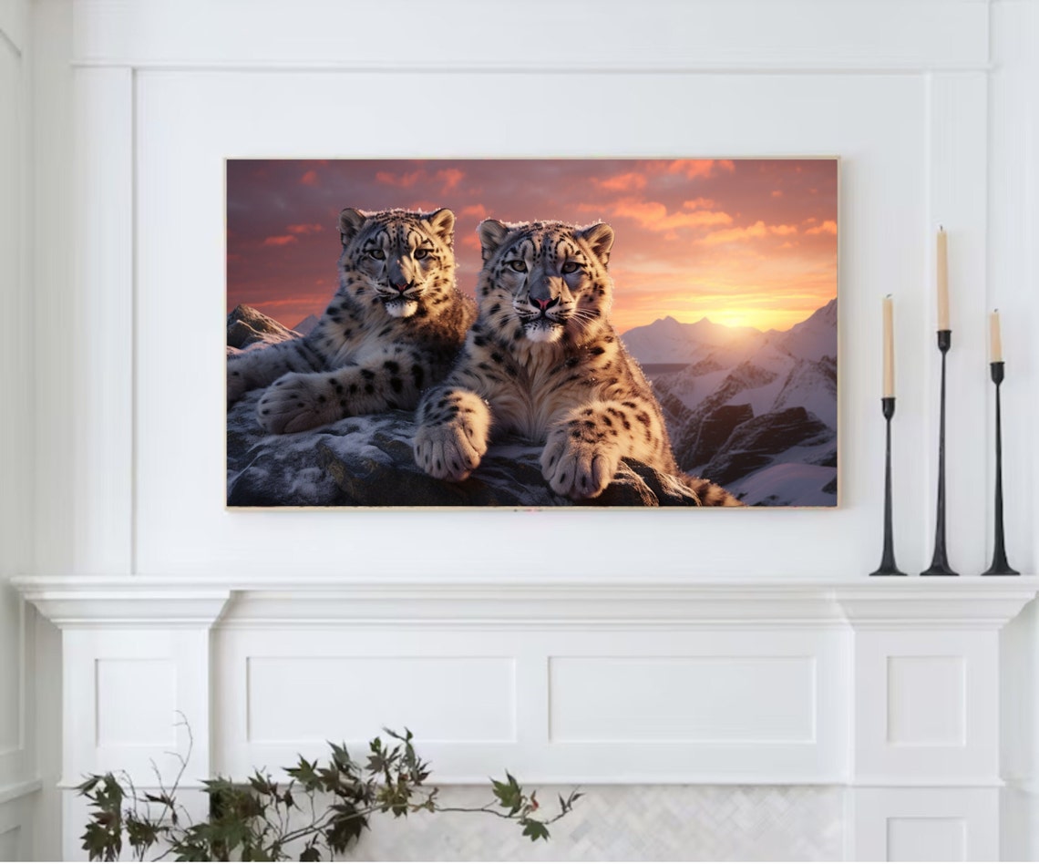 Snow Leopard Pair Sunset Rocky Mountain Snow Wildlife Art Poster - Image 2