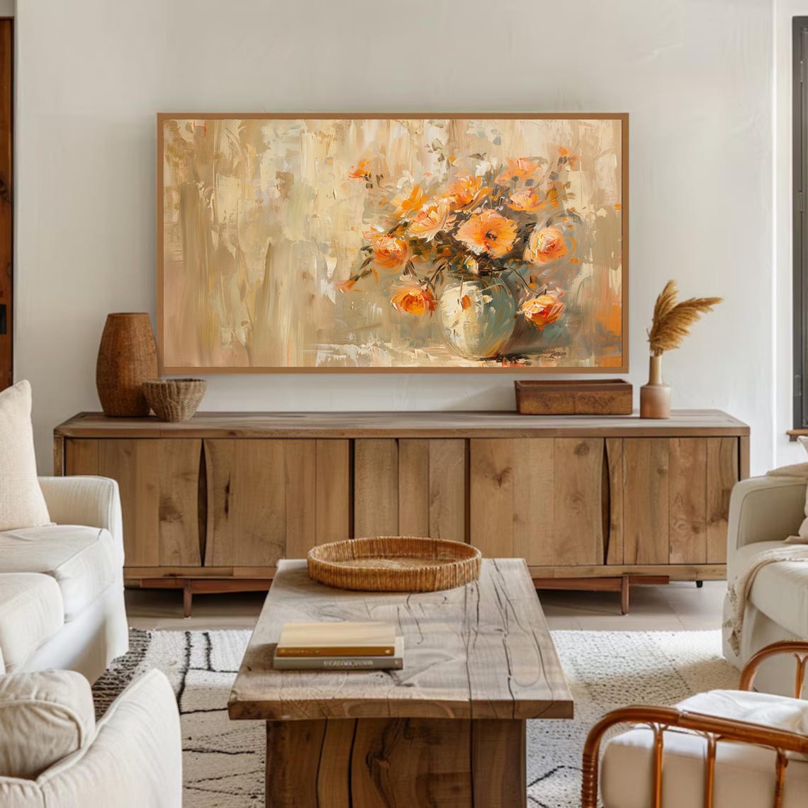Orange Autumn Bouquet in Vase Neutral Textured Oil Floral Wall Art - Image 2