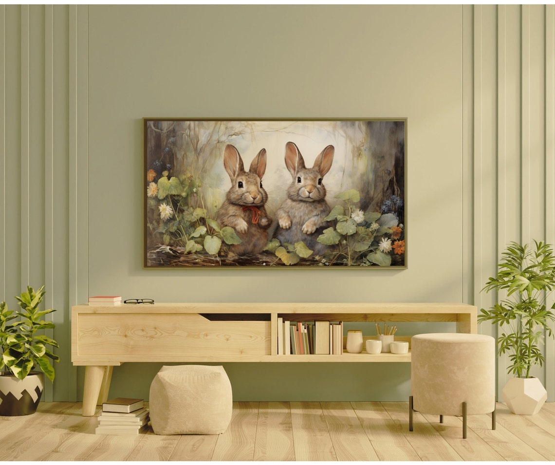 Two Cute Fluffy Bunnies Spring Garden Easter Bunny Rabbit Wall Art - Image 3