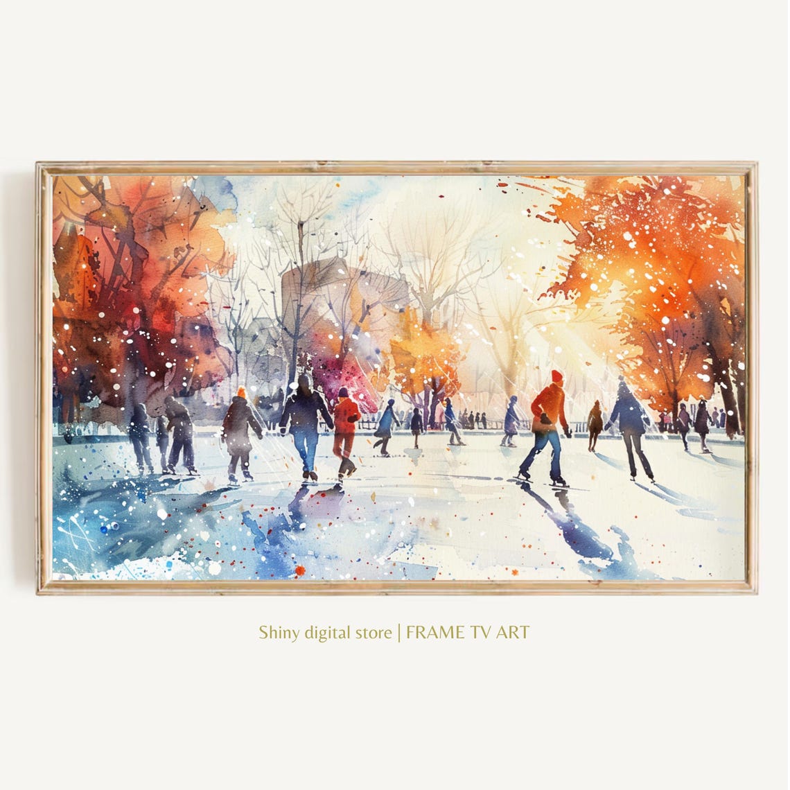 Winter Ice Skating Rink Watercolor Snow Scene Holiday Art Poster