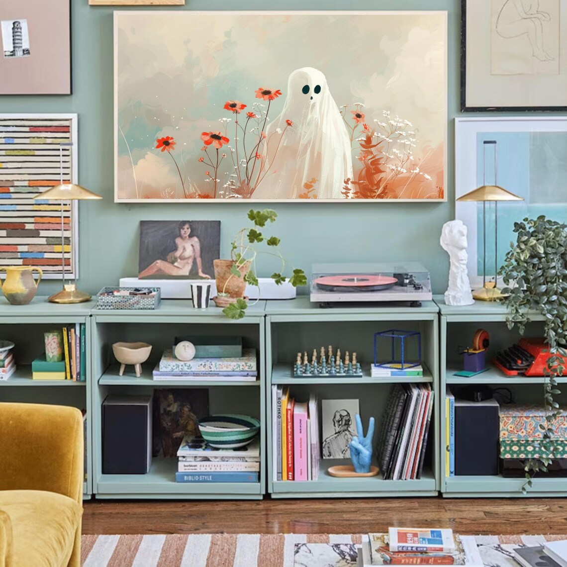 Cute Ghost Among Orange Wildflowers Soft Fall Halloween Floral Wall Art - Image 2