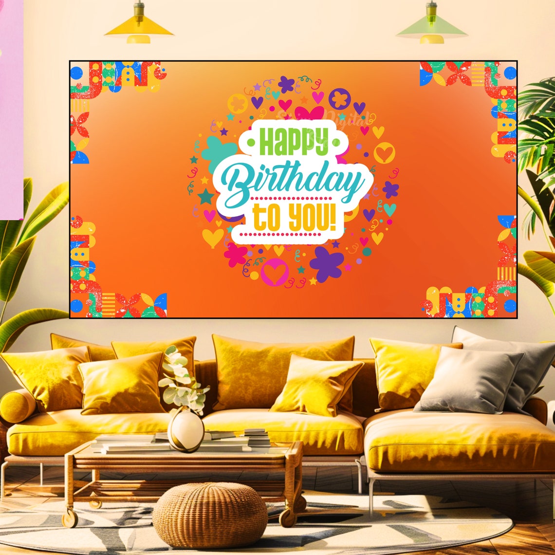 Happy Birthday To You Orange Confetti Hearts Kids Party Art Poster - Image 2