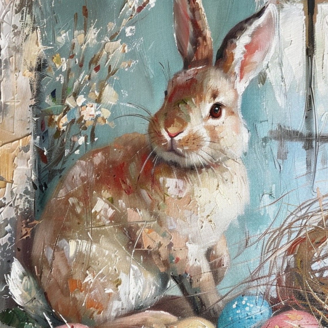 Vintage Easter Bunny with Painted Eggs Rustic Spring Holiday Wall Art - Image 3