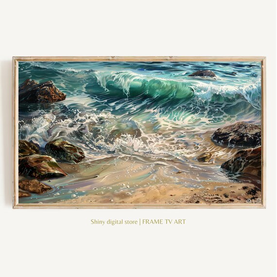 Ocean Waves Crashing Rocky Shore Turquoise Water Coastal Seascape Wall Art