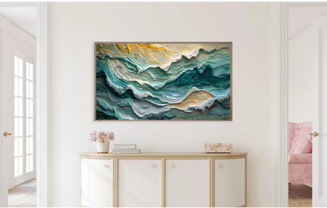 Layered Teal and Gold Ocean Waves Abstract Seascape Textured Poster - Image 2