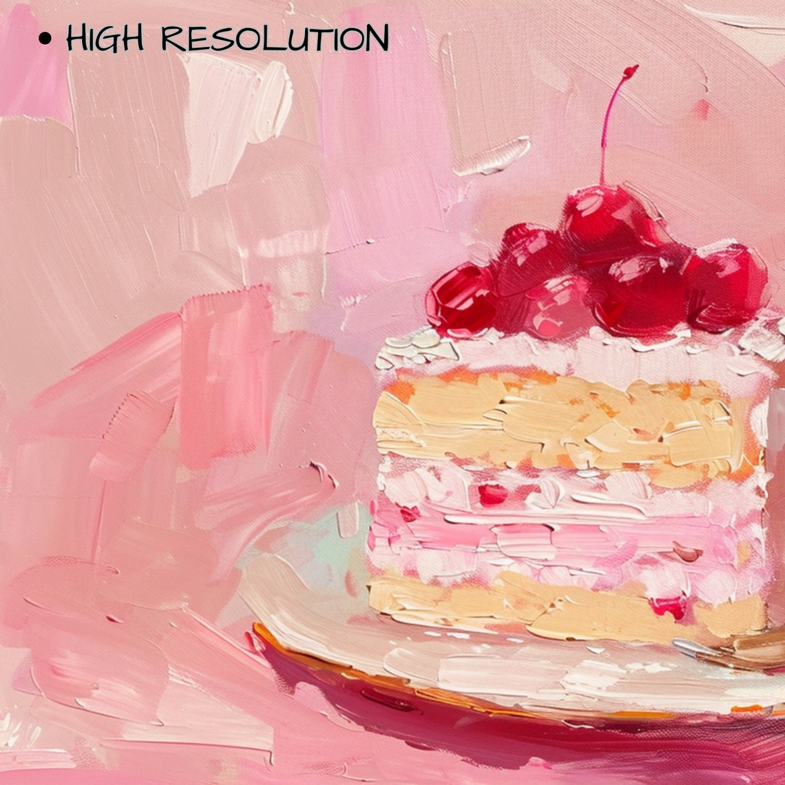 Pink Cherry Cake Slice Impasto Painting Birthday Party Art Poster - Image 3