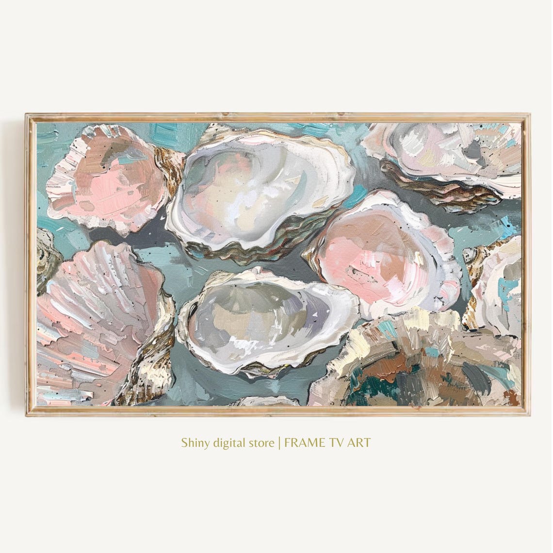 Oyster Shell Close Up Teal Impasto Coastal Still Life Art Poster