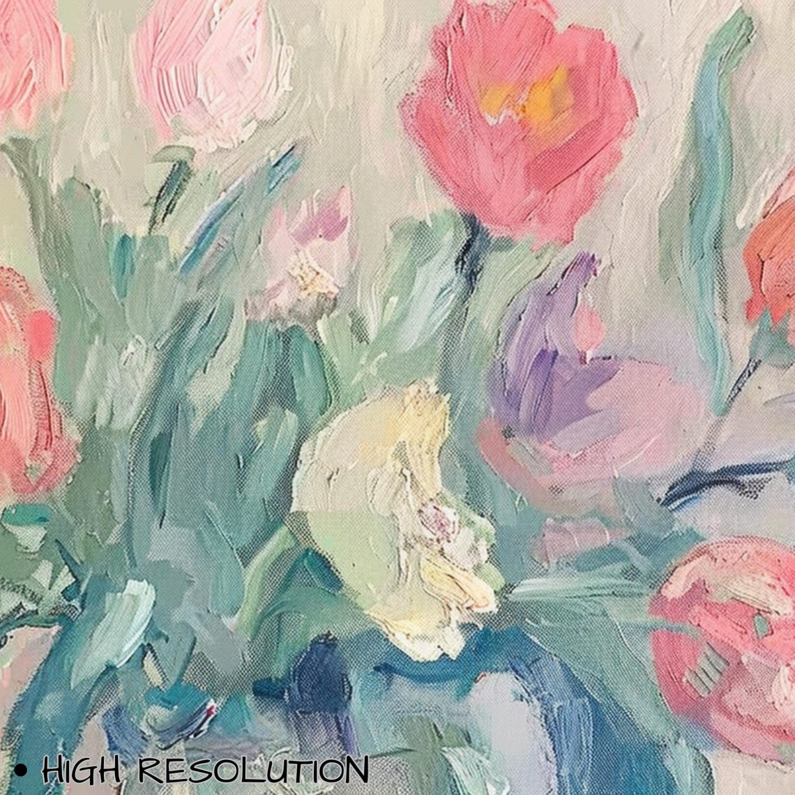 Coral Pink Tulips Fresh Green Leaves Spring Garden Painting Poster - Image 3