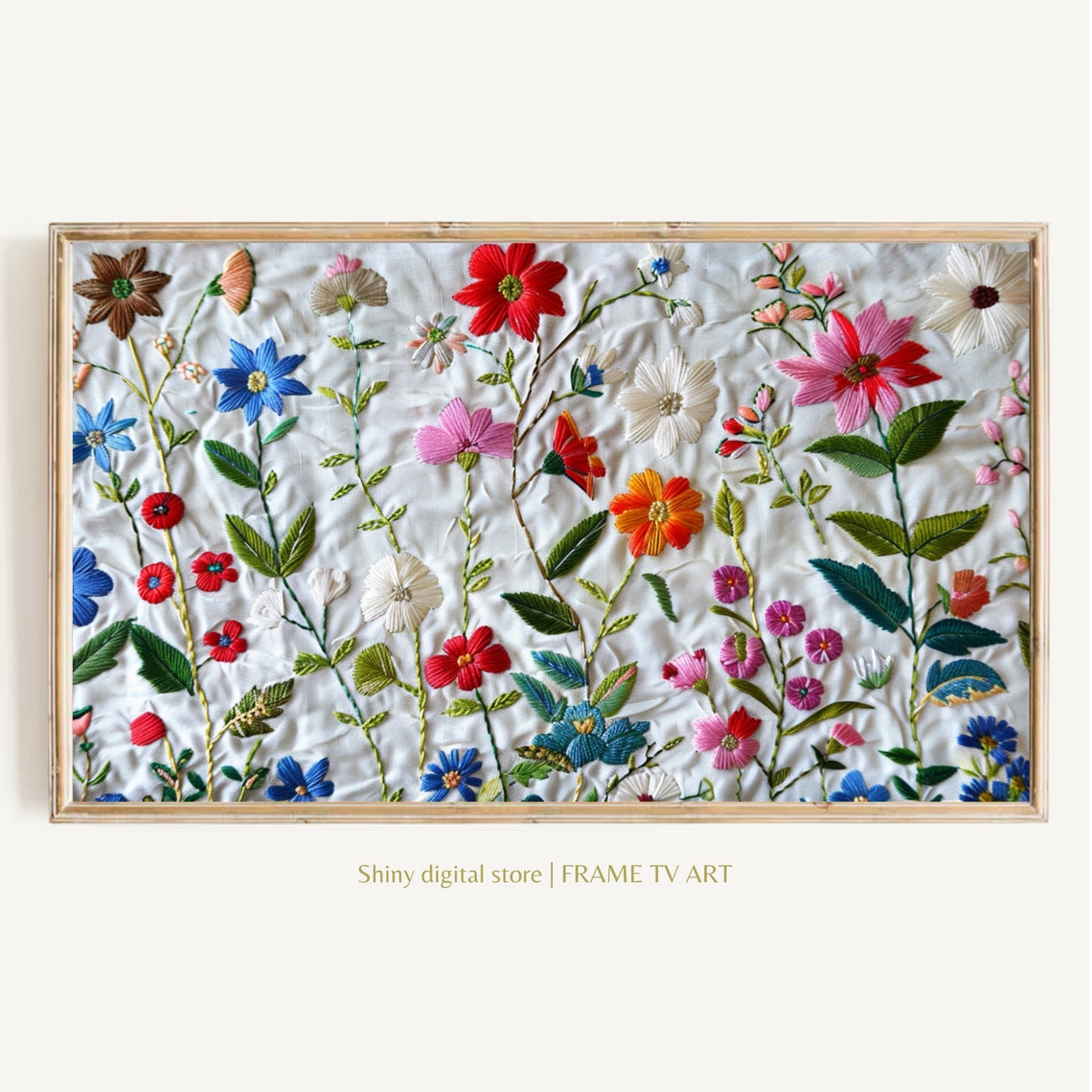 Embroidered Wildflower Garden Colorful Thread Floral Fabric Art Poster
