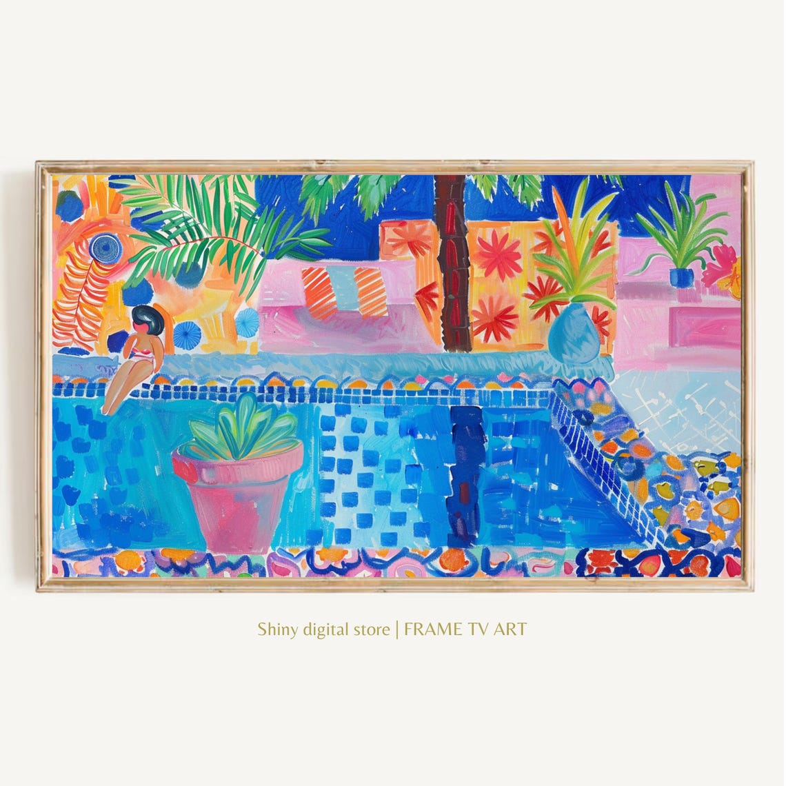 Tropical Poolside Scene with Palm Trees Vivid Summer Vacation Poster