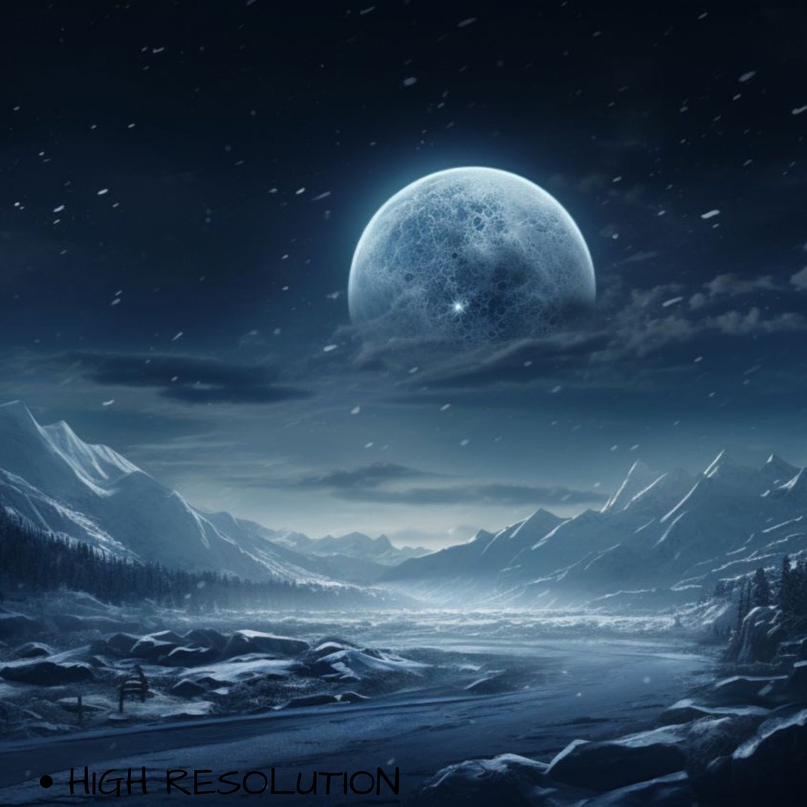 Full Moon Snowy Mountains Falling Snow Winter Night Art Poster - Image 3