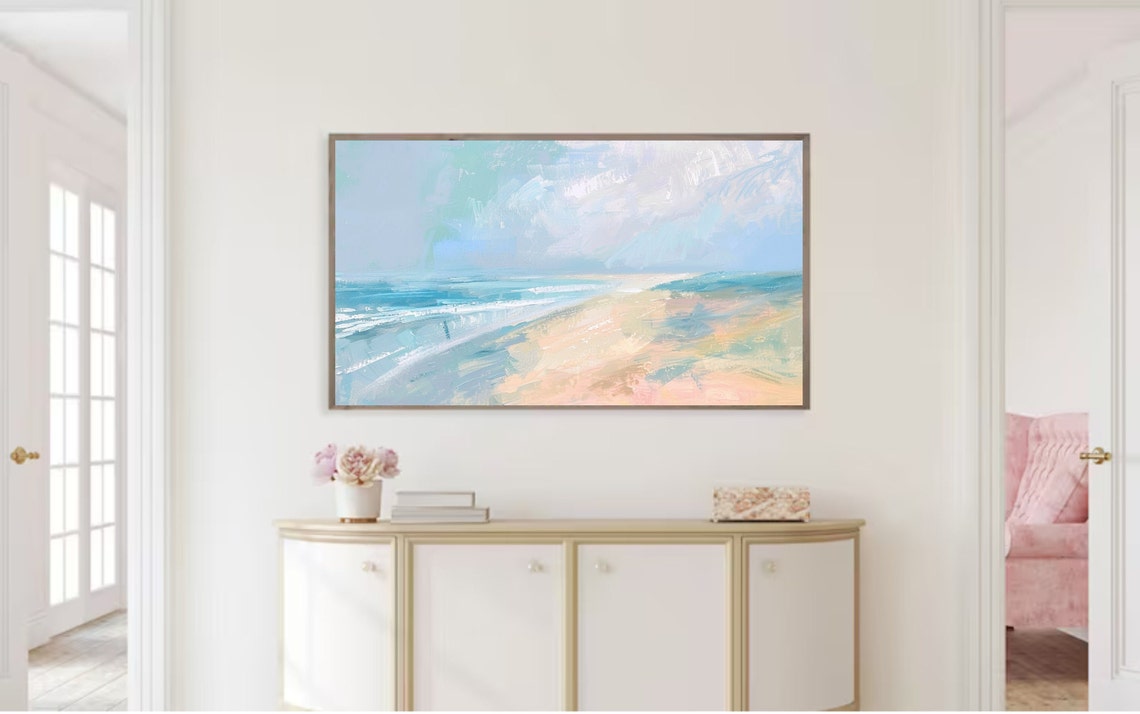 Abstract Pastel Beach Coastal Landscape Soft Blue Waves Art Poster - Image 2