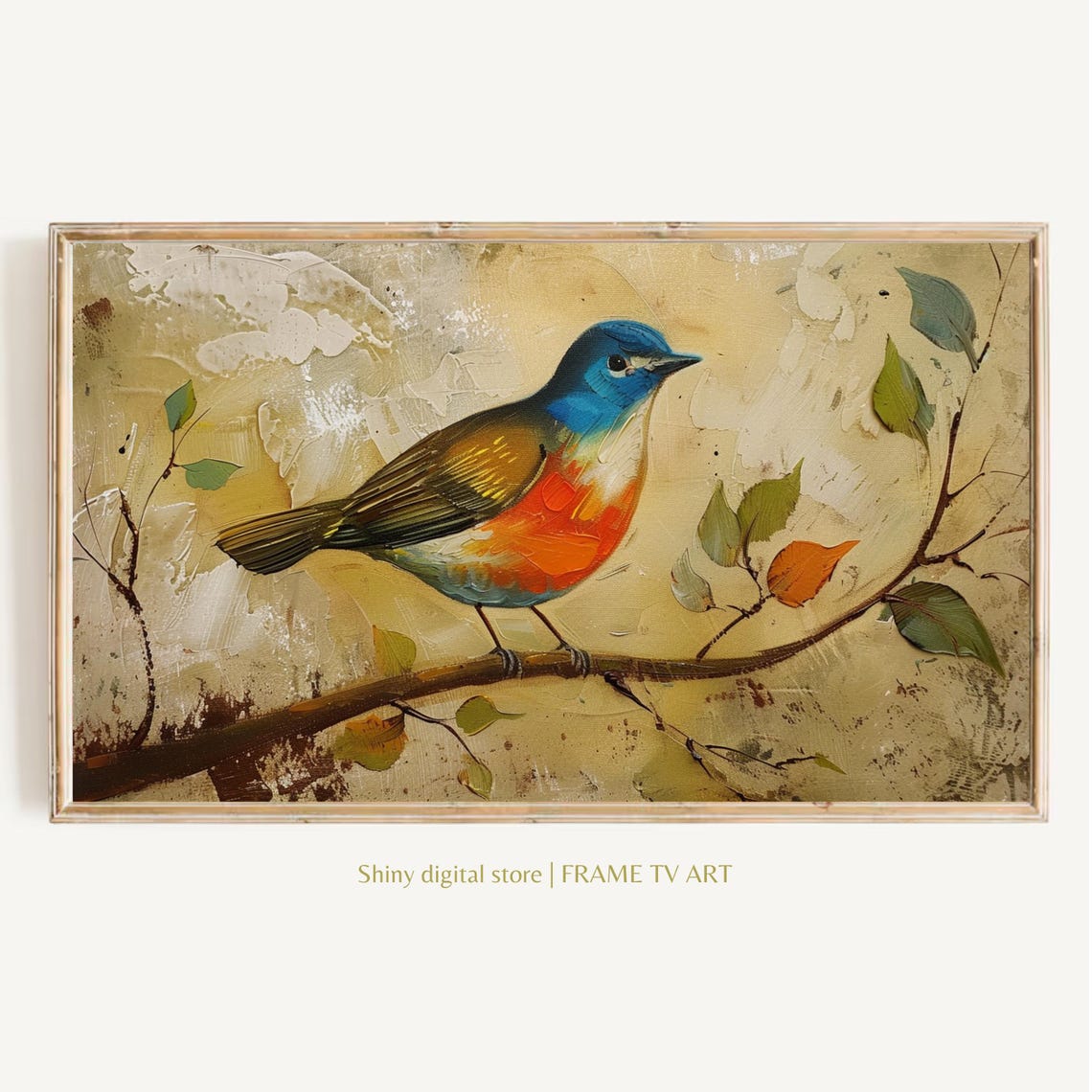 Blue Headed Songbird Perched Branch Autumn Leaves Impasto Art Print