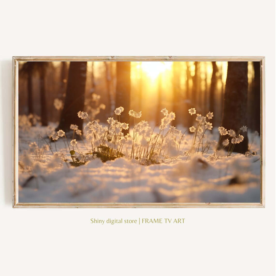 Sunlit Snow Forest Frosted Wildflowers Golden Winter Art Poster