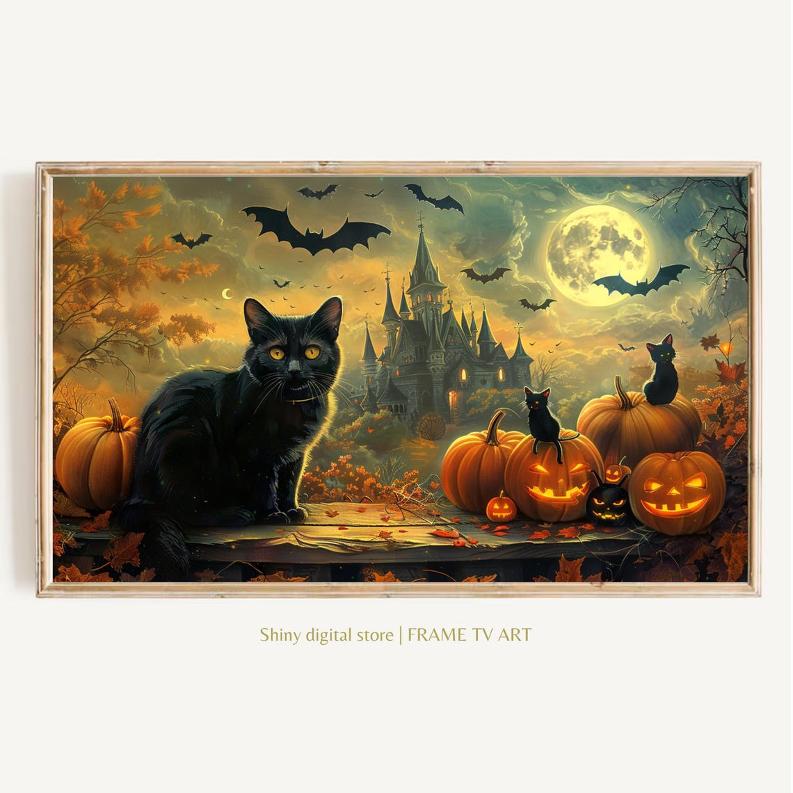 Vintage Black Cat Haunted House Pumpkins Bats Moon Halloween Wall Art