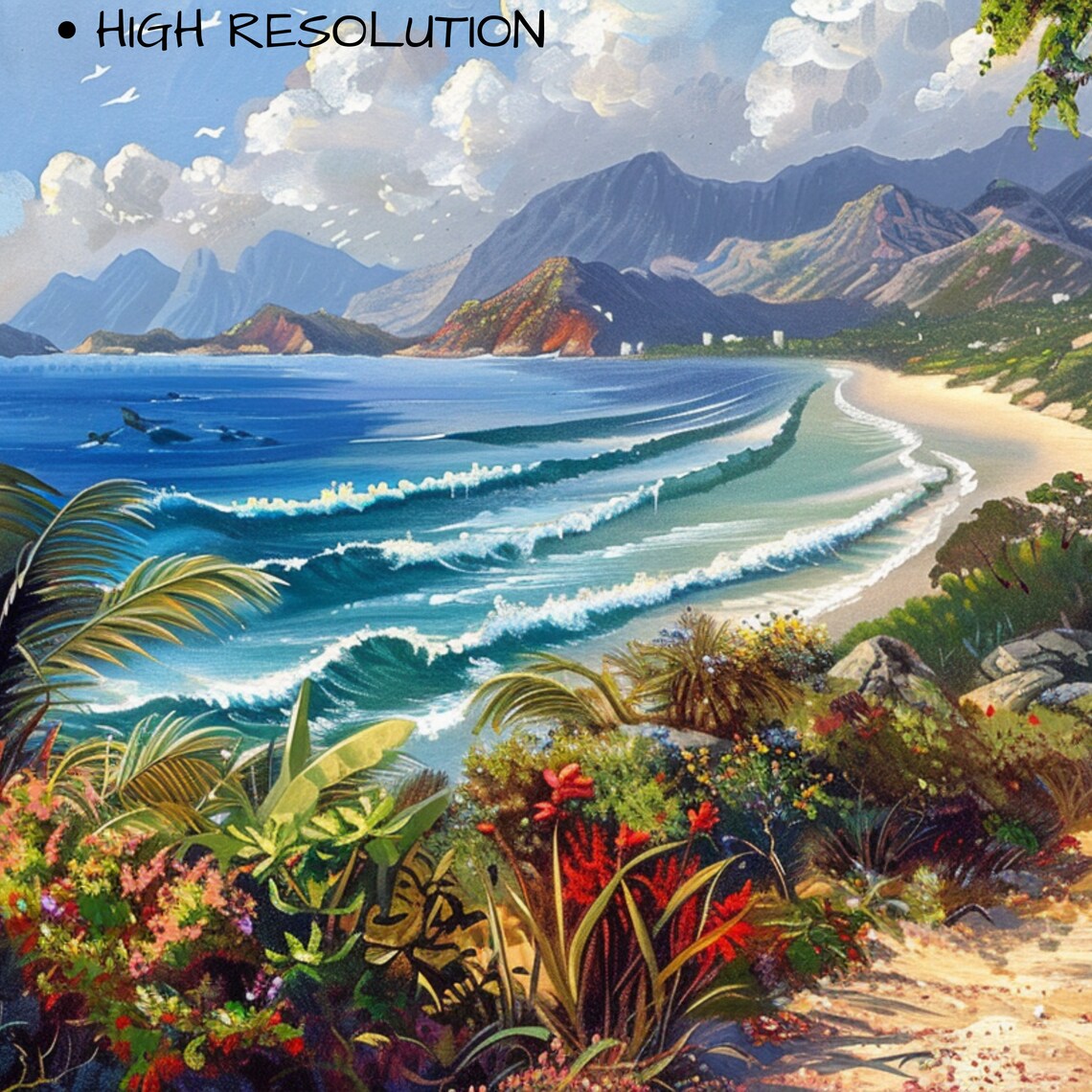 Tropical Coastal Bay Vintage Painting Beach Mountains Lush Flowers Travel Print - Image 3