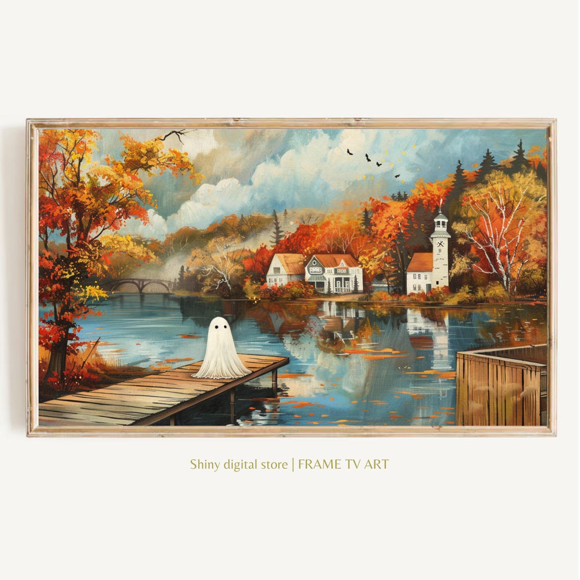 Cute Ghost On Lake Dock Autumn Village Fall Foliage Painting Poster