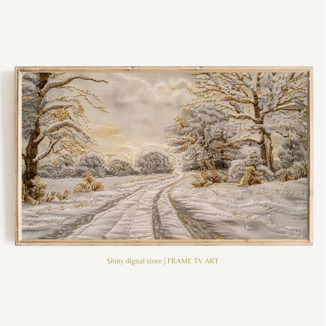 White Gold Embroidered Winter Snow Landscape Textured Art Poster