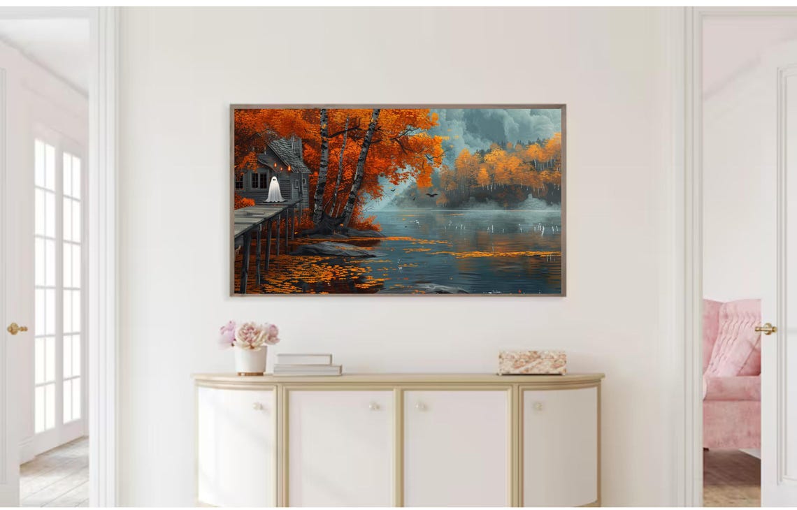 Ghost On Dock By Lake Cabin Autumn Birch Trees Misty Night Poster - Image 2